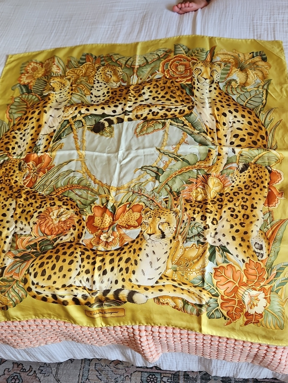 Salvatore Ferragamo Silk Leopard Print Decorative Scarf - Yellow 33"×34"
